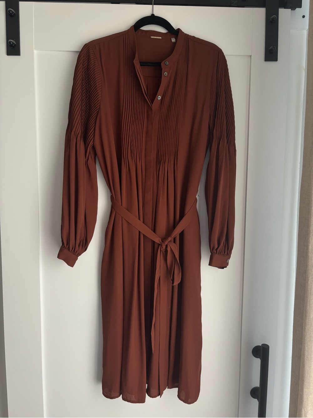 Elie Tahari Rust Brown Pleated Midi Dress with Tie Waist